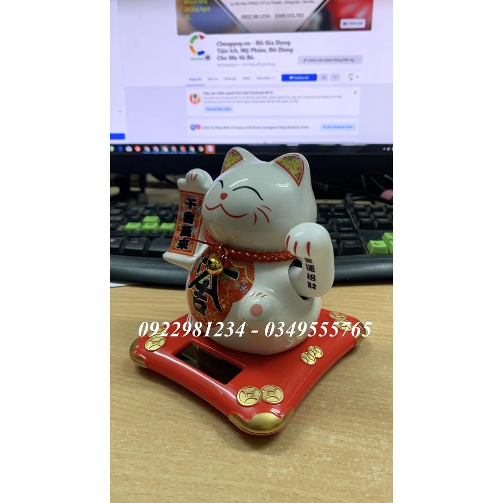 Mèo thần tài vẫy tay năng lượng mặt trời bằng sứ MT2 - size 13,9cm