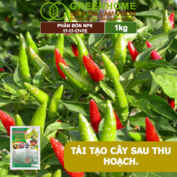 Phân Bón NPK 17-17-17+TE, Greenhome, Gói 1kg, Bung Chồi Đọt, Thúc Nút Kim, Tạo Mầm Dưỡng Hoa