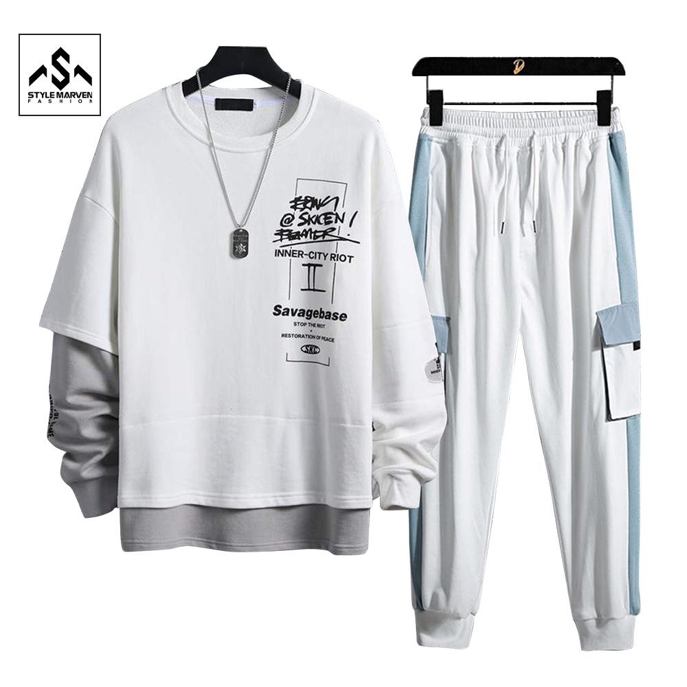 Set quần áo nỉ nam STYLE MARVEN layer 2 màu dài tay phối jogger bo gấu năng động - SET NAM 90000155C