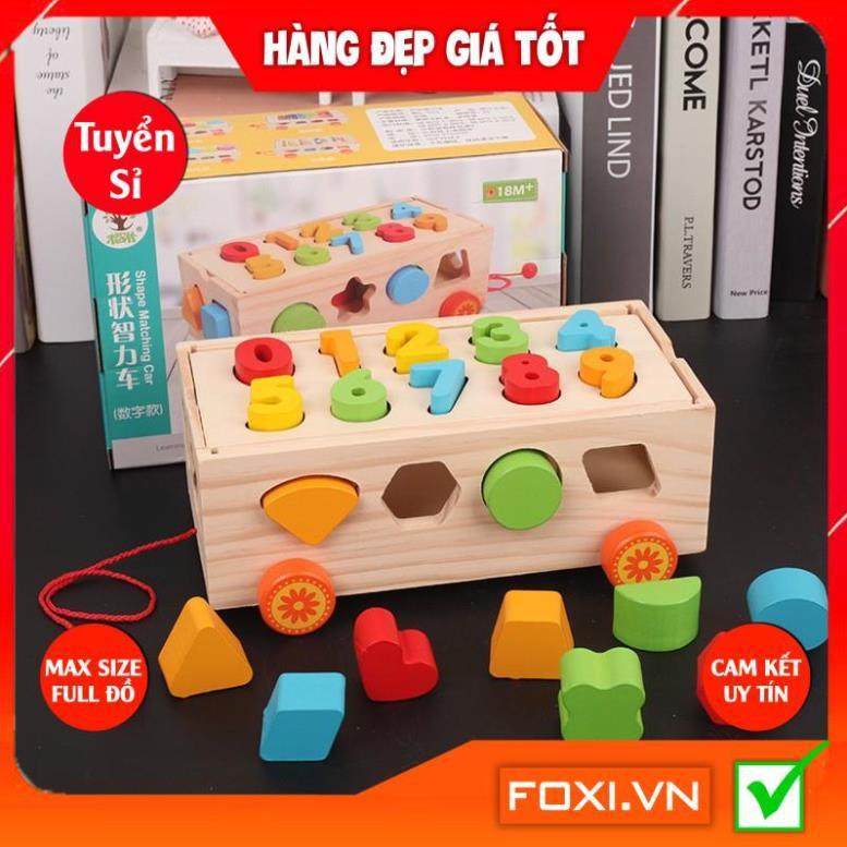 Đồ Chơi Gỗ-Xe Kéo Thả Hình Khối Foxi Kết Hợp Đán-Chữ Số-Bảng Phân Loại Hình Khối Cho Bé học tập