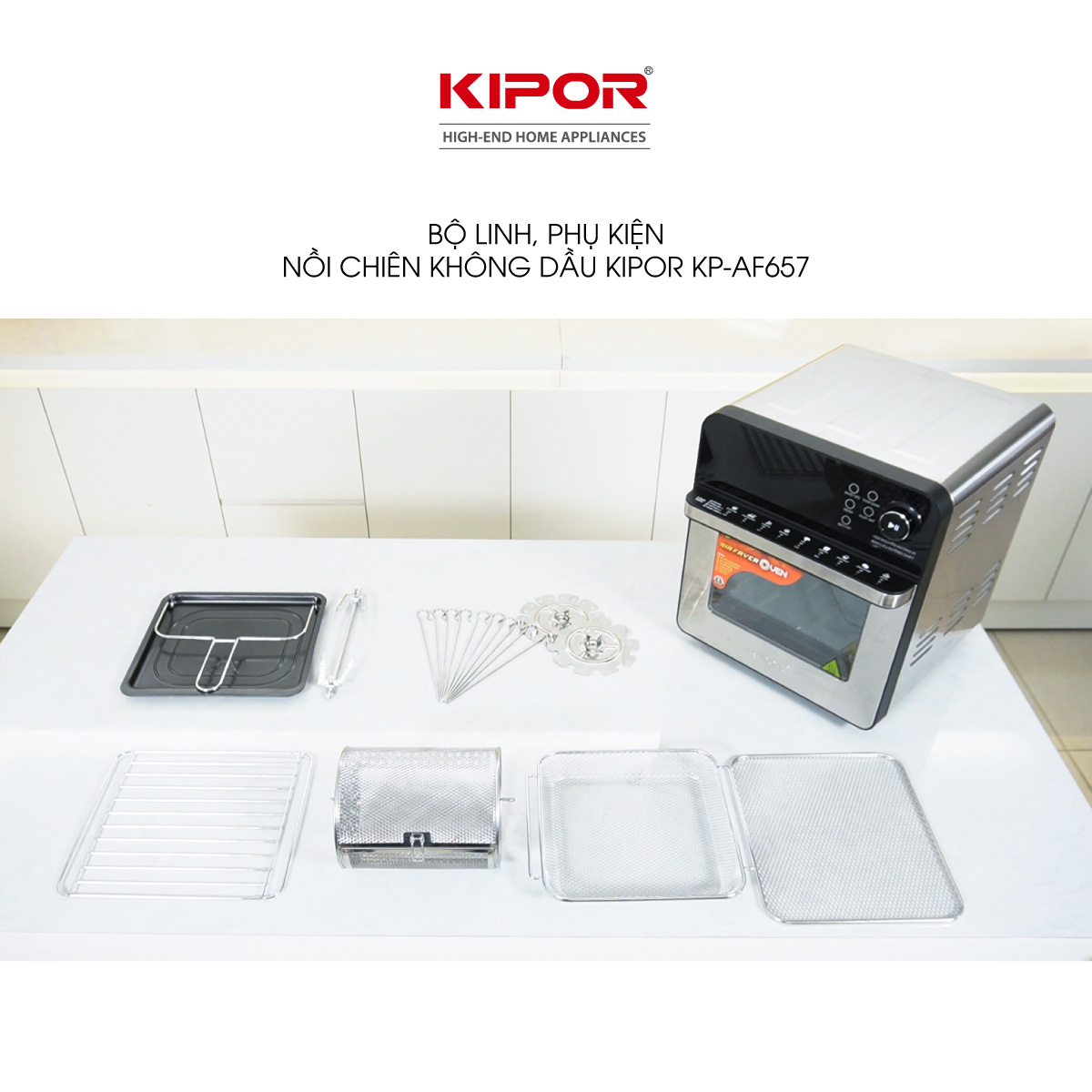 Nồi chiên không dầu KIPOR KP-AF657 - 15L - Lò nướng điển tử công nghệ RAPID AIR nhiệt tối đa 230 độ lòng nồi inox 304- Hàng chính hãng