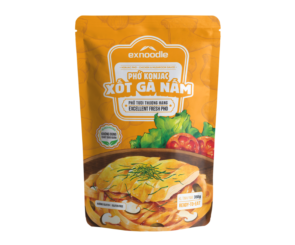 Phở konjac Xốt gà nấm - Phở tươi thượng hạng Exnoodle, ít calorie, giàu chất xơ, không chất bảo quản, sử dụng trực tiếp (350g/gói)