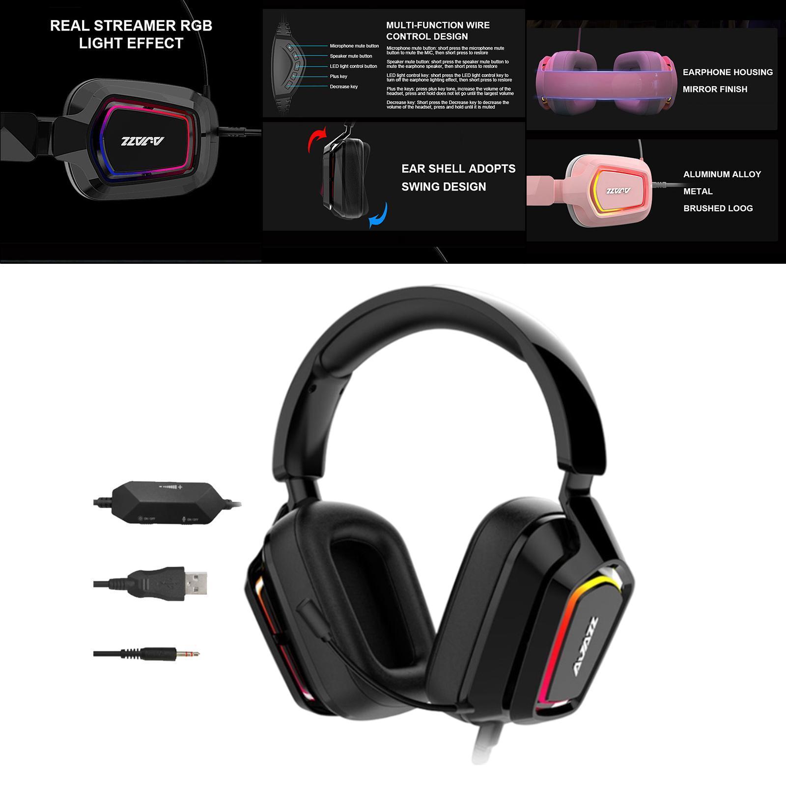 LED Colorful Over Ear Gaming Headset Headphones with Mic Black 3.5mm