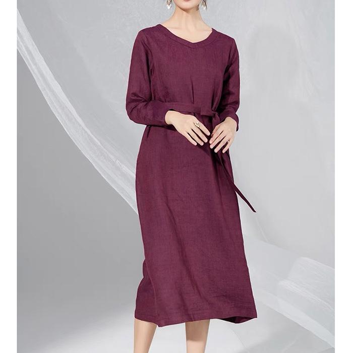 Đầm suông linen cô tim dài tay kèm đai rời trẻ trung, thời trang hè thu 2021 - Đỏ bã trầu