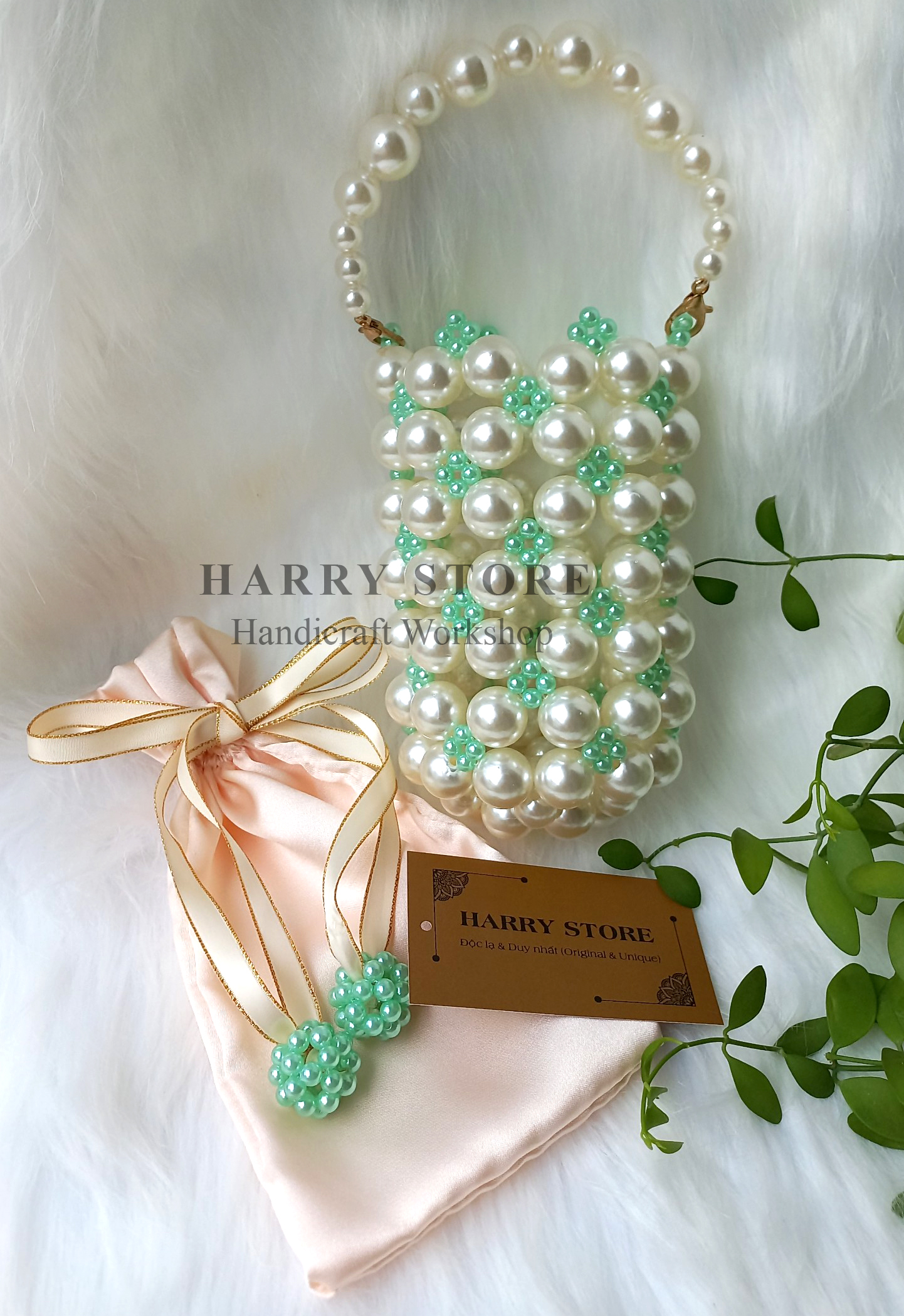 Túi đan handmade hạt ngọc trai HRRB1-XN có dây đeo chéo dài 110cm, quyến rũ sành điệu phong cách hiện đại