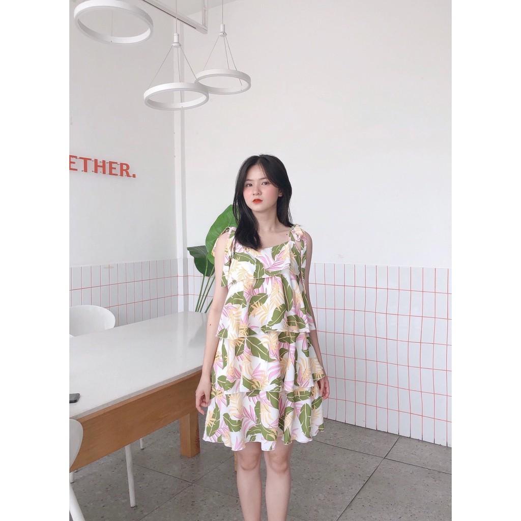 ĐẦM HOA 2 DÂY LỤA HÀNG THẮT NƠ TAY 3 TẦNG DÁNG XÒE-hình thật shop chụp