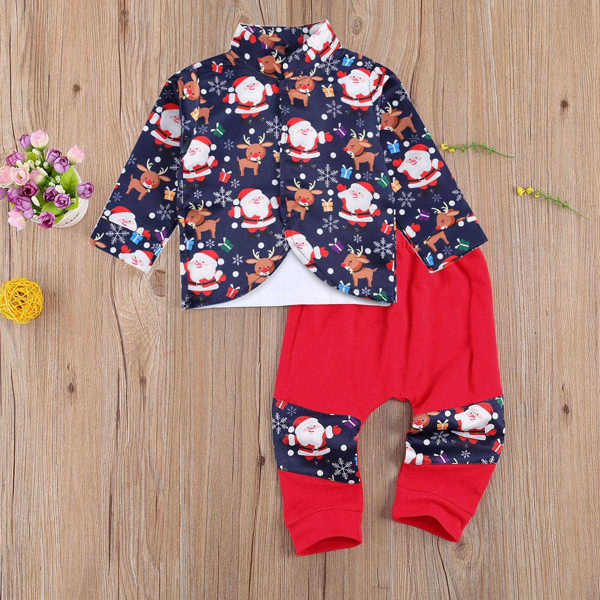 Ma & Bé 0-3Y Giáng Sinh Tập Đi Cho Trẻ Sơ Sinh Bé Trai Quần Áo Bộ Hoạt Hình Santa Phối Nơ Áo Quần Xmas Trang Phục bé Trai Quý Ông Lịch Lãm Phù Hợp Với