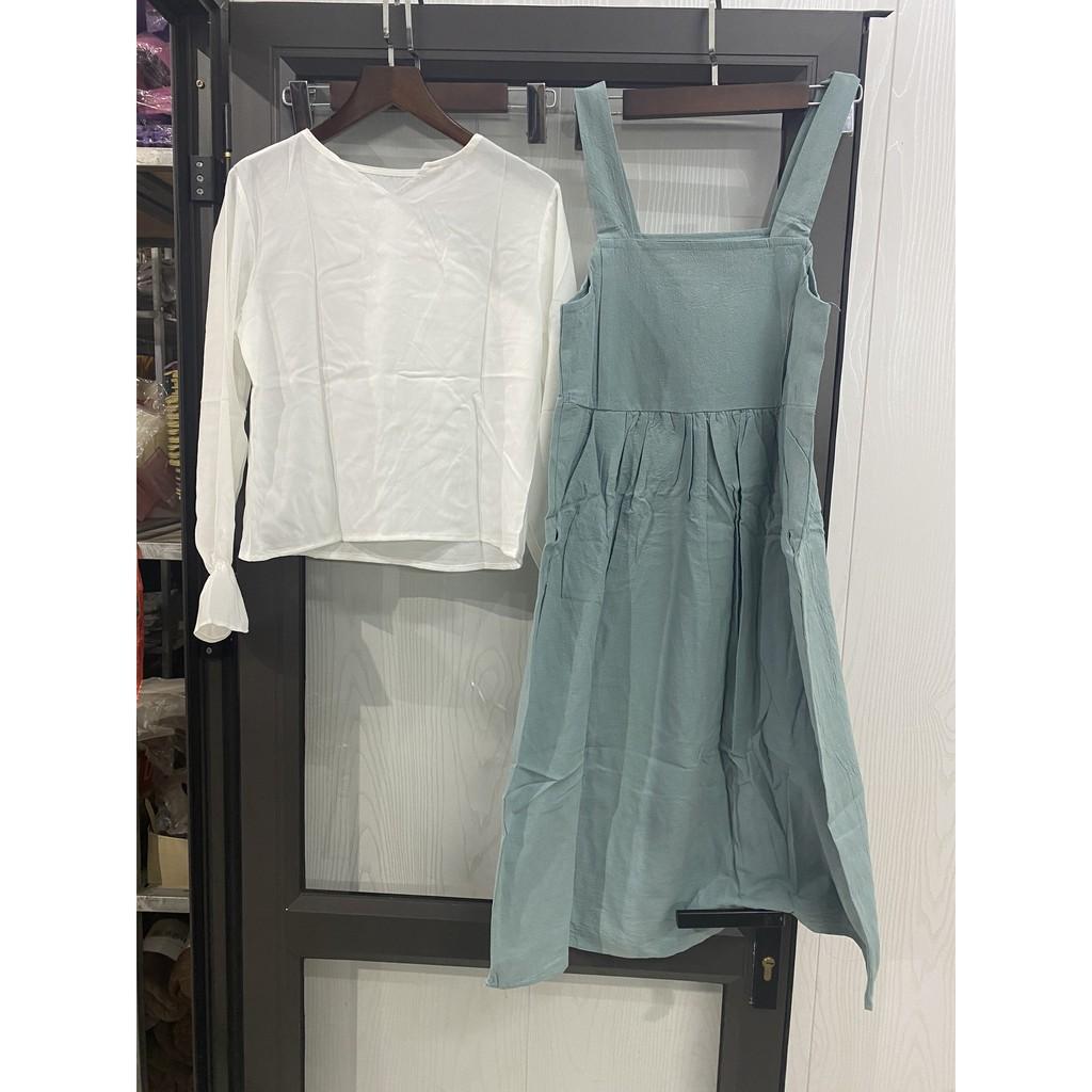 Set Ulzzang áo sơ mi váy yếm thô