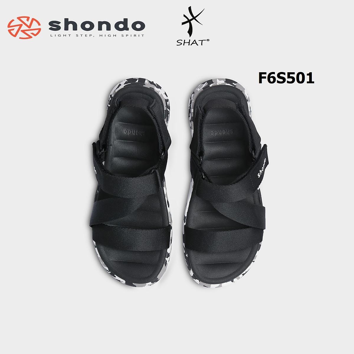 Giày sandal Shondo nam nữ đi học đế bằng camo đen full F6S501