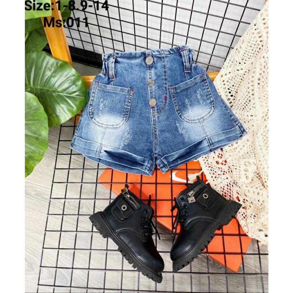 Quần đùi lưng cao cho bé gái phối đồ đi chơi đi học sành điệu size 12-35kg chất jeans co giãn mềm mát