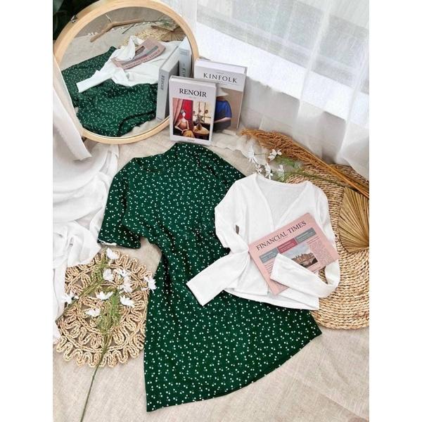 CM - SET ĐẦM XANH HOA NHÍ TAY NGẮN KÈM KHOÁC TRẮNG