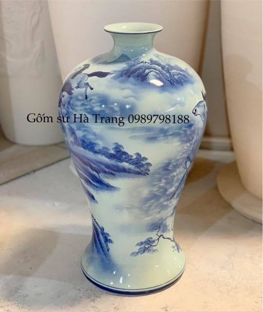 Bình hút tài lộc gốm sứ Bát Tràng cao cấp dáng mai bình cao 55cm hoạ tiết mã đáo thành công