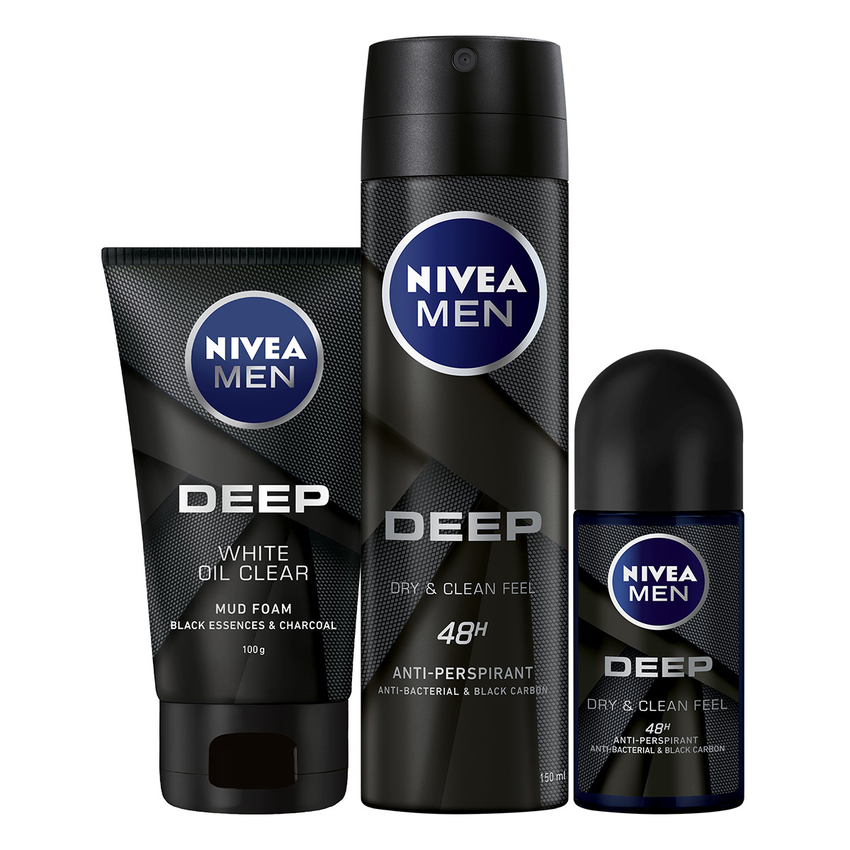 Bộ 3 sản phẩm Xịt và Lăn Ngăn Mùi NIVEA MEN DEEP Than Đen Hoạt Tính (Xịt 150ml - 80027 &amp; Lăn 50ml - 80031) &amp; Sữa Rửa Mặt NIVEA MEN DEEP Than Đen Hoạt Tính Hút Nhờn Sáng Da (100G) - 84415