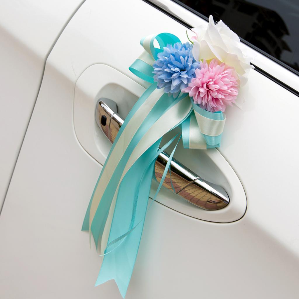 3X Wedding Car Artificial Silk Flower and Ribbon Party Decor Kit Blue and Pink