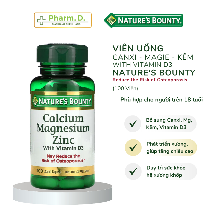 Viên Uống Bổ Sung Canxi, Magie, Kẽm Và Vitamin D3 Hỗ Trợ Xương, Răng Chắc Khỏe NATURE'S BOUNTY (100 Viên)