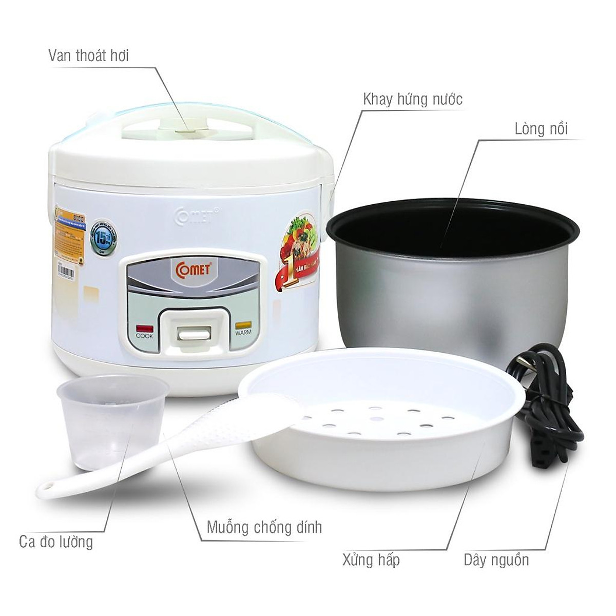 Nồi cơm điện Comet CM8018 - Nồi cơ nắp gài, 1.8 lít, 700W - Hàng Chính Hãng