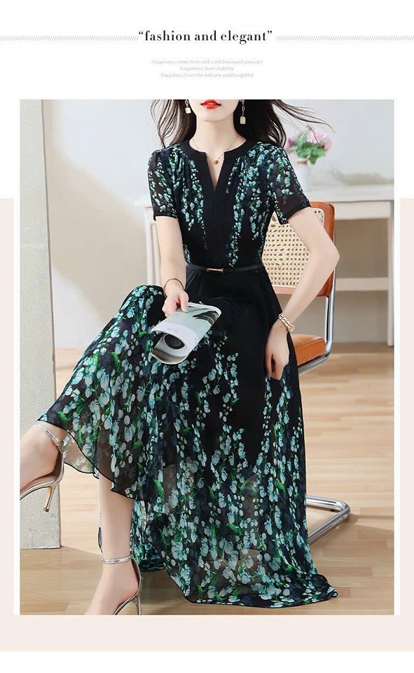 [HÀNG NHẬP] ĐẦM MAXI HOA CỔ V KÈM BEFT