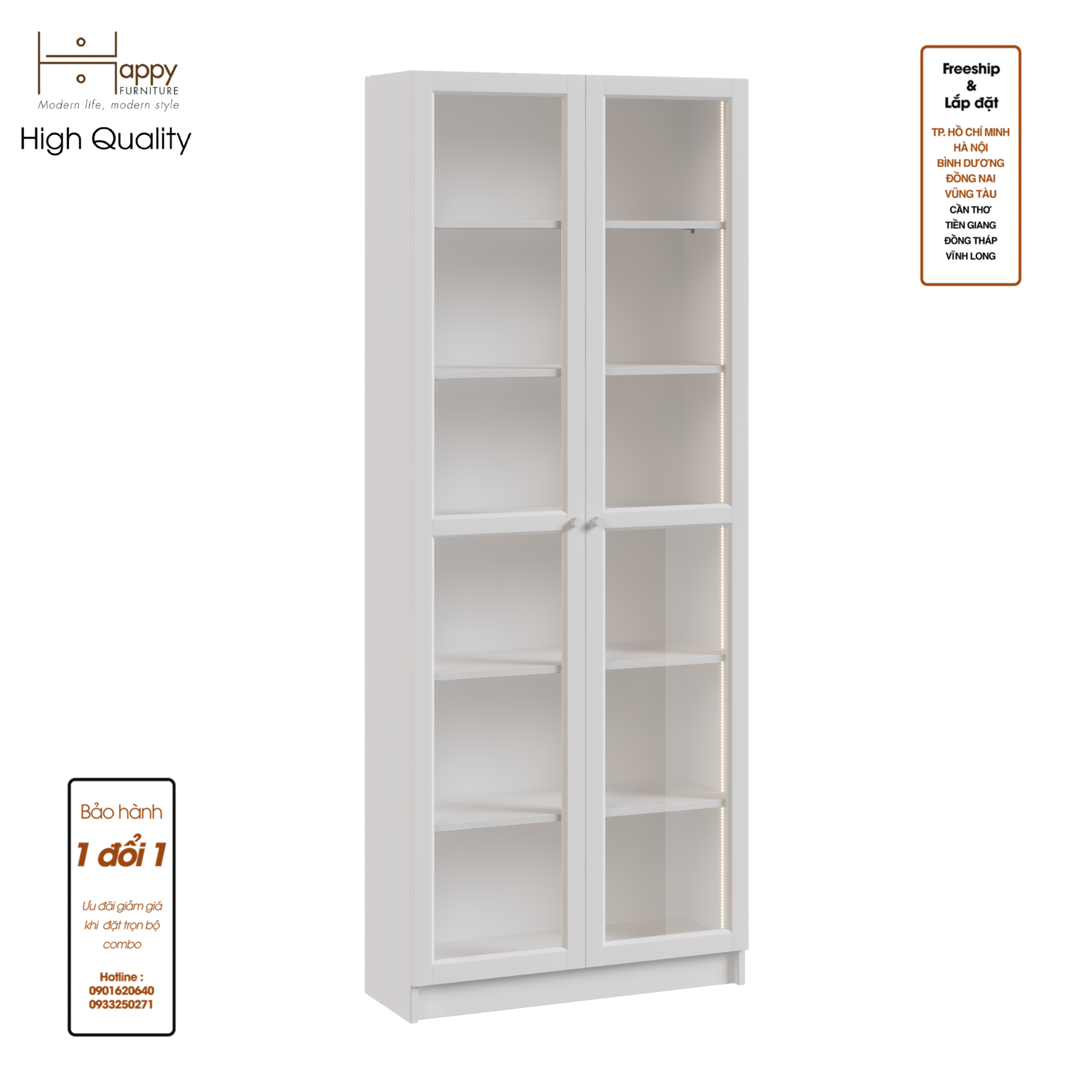 CATY, kệ sách 6 tầng cửa kính tích hợp đèn LED, 80cm x 30cm x 202cm , KSA_010_LED