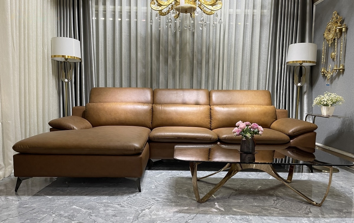 Sofa góc L da bò Italy Juno sofa màu nâu – SFLCT08 2m6  hàng cao cấp chuẩn da bò nhập khẩu Ý