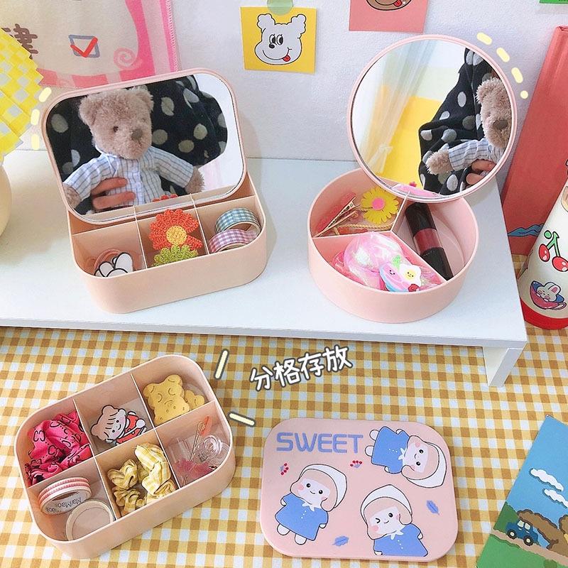 Gương trang điểm kèm hộp đựng mỹ phẩm kèm sticker siêu cute