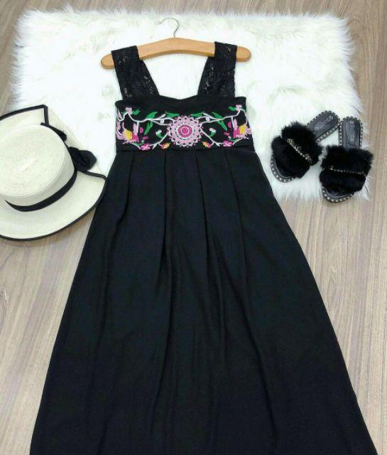 Đầm maxi đen thêu hoa 2 dây ren siêu cute