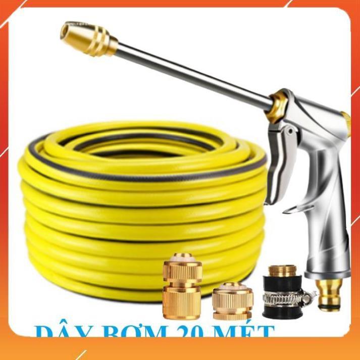 Bộ dây vòi xịt nước rửa xe, tưới cây . tăng áp 3 lần, loại 20m 206701-2 đầu đồng, cút đồng