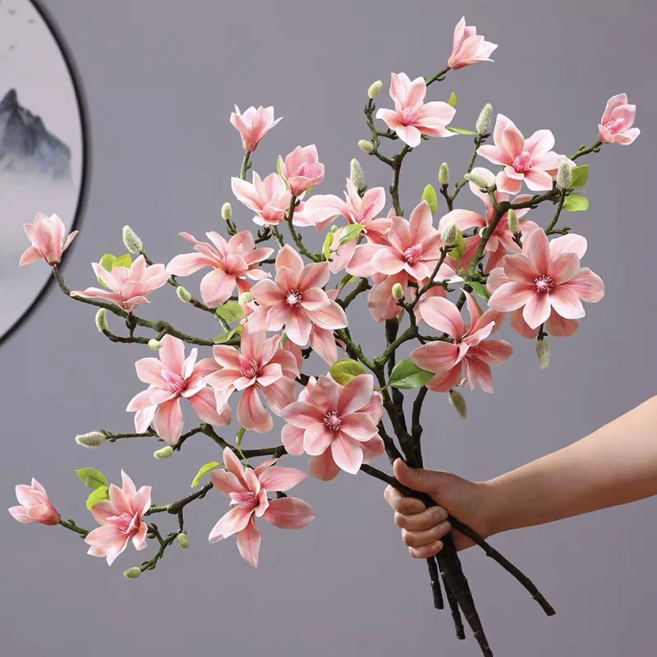 Cành hoa mộc lan cao su 3 bông 1 nụ - Dài 60cm - Cây giả, hoa lụa Decor trang trí nhà cửa