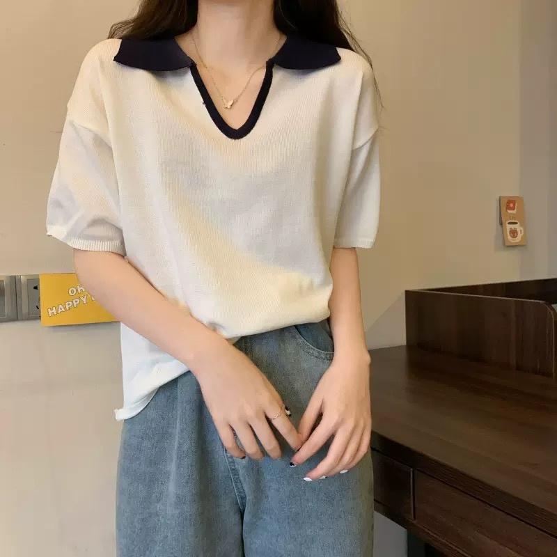 MS670 Áo polo len dệt kim cổ bẻ chữ V phối màu
