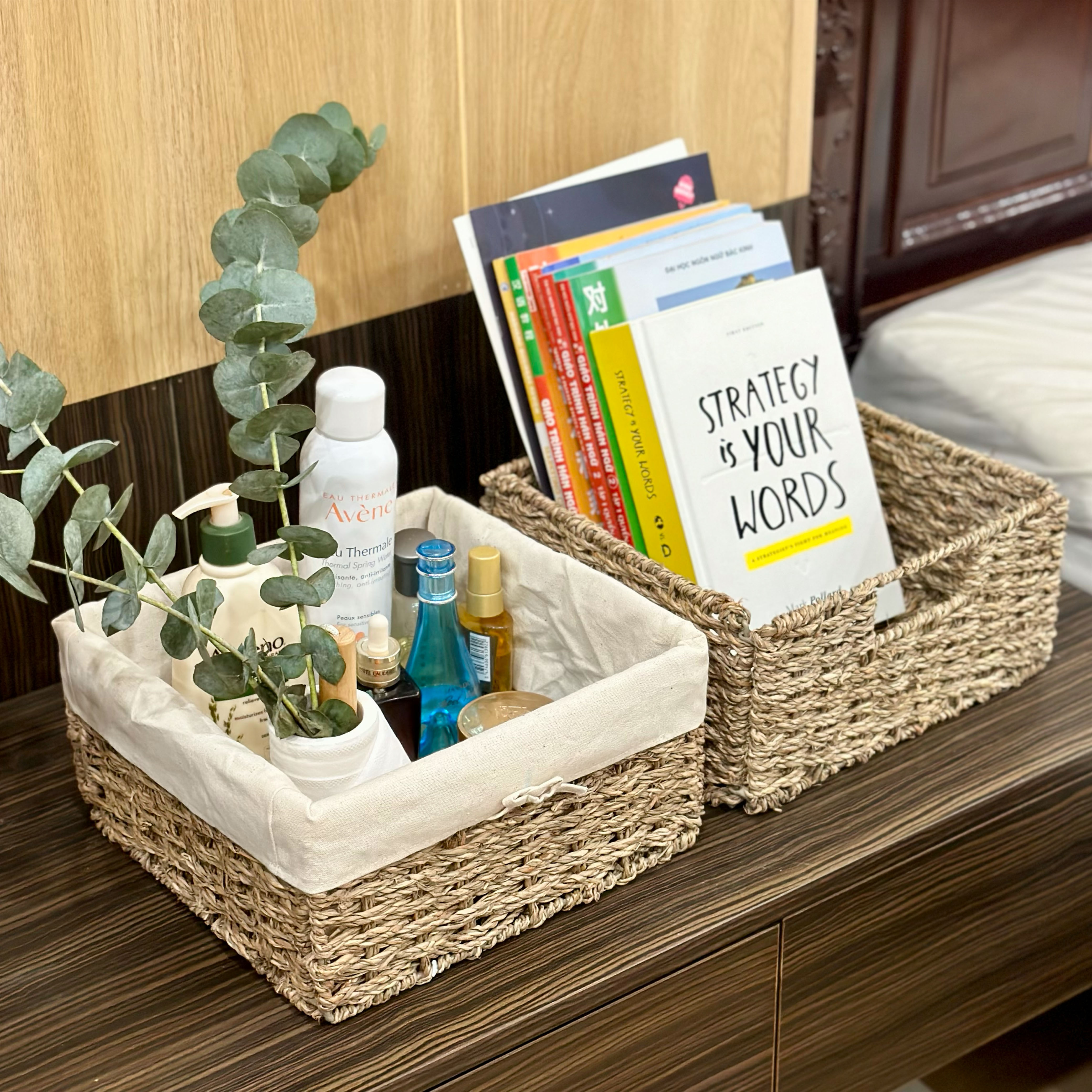 Giỏ cói có vải hình vuông URSPACE đựng mỹ phẩm, sách báo, trang trí decor