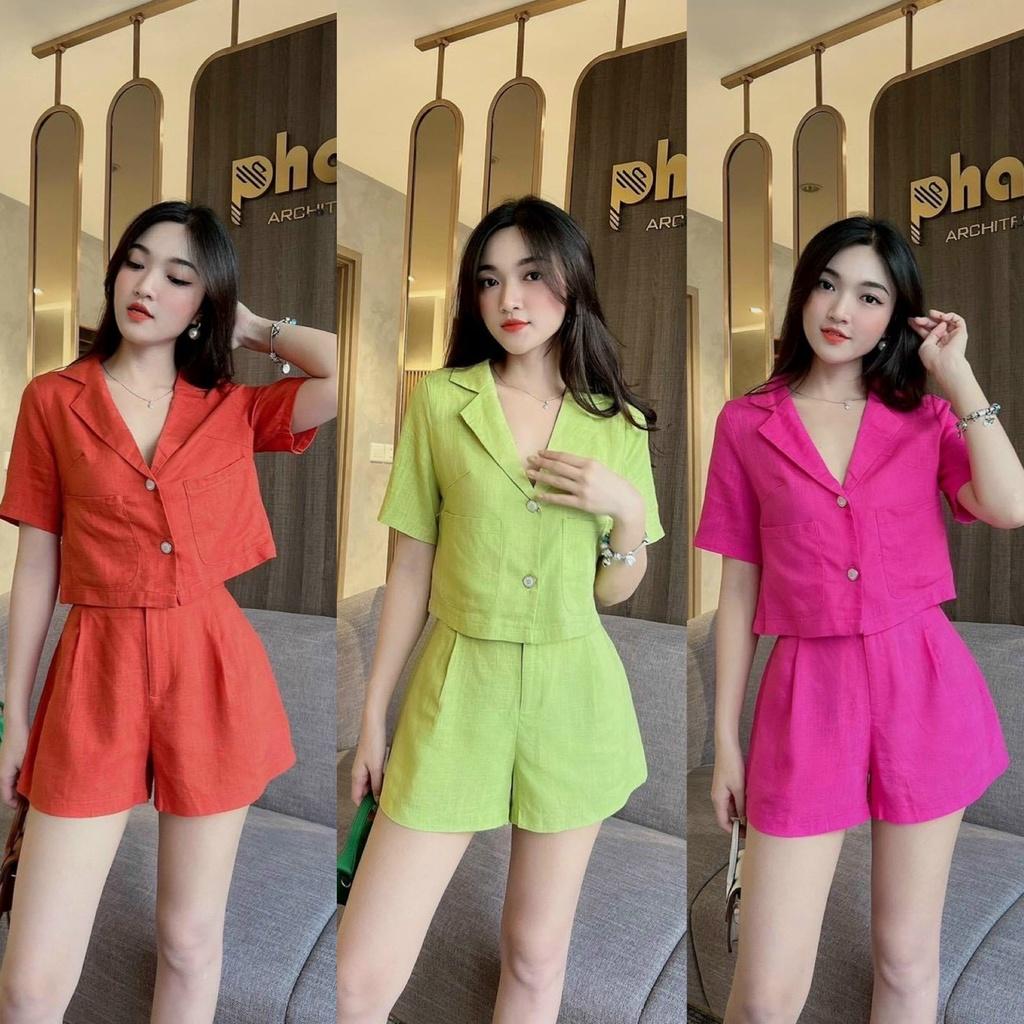 Sét bộ tuyết mưa áo vest croptop phối quần đùi ống rộng màu sắc xinh xắn dạo phố, đi biển