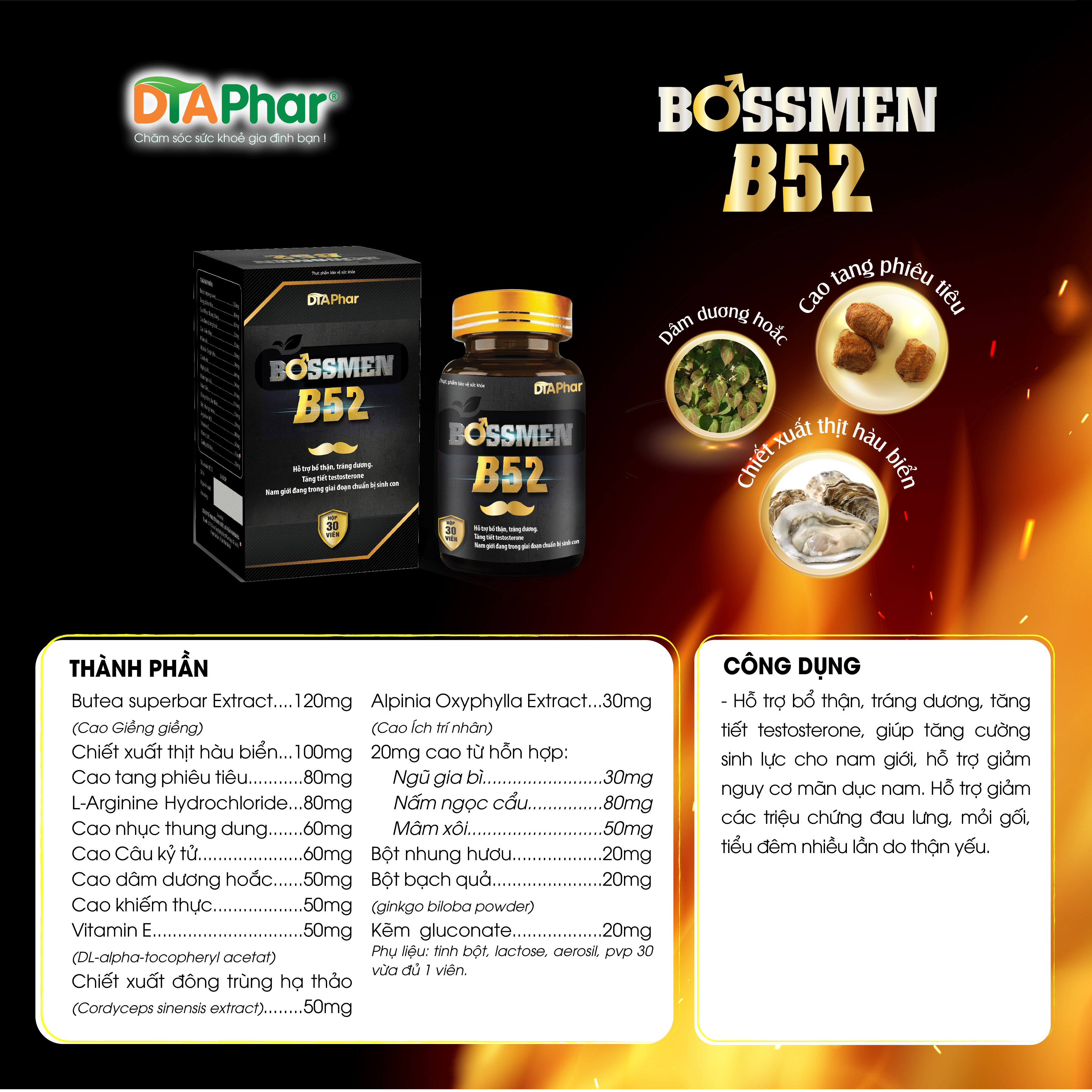 (VỎ HỘP MÓP) Viên uống BOSSMEN B52 Hỗ trợ bổ thận tráng dương tăng cường sinh lực cho nam giới trong giai đoạn chuẩn bị sinh con Hộp 30 viên Tâm An Pharma