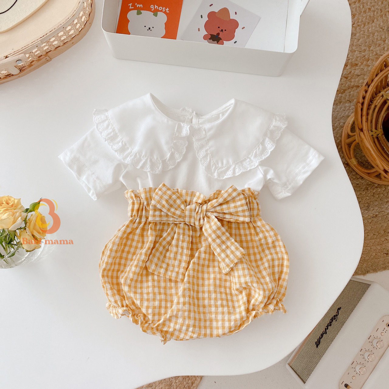 Bộ quần áo cộc tay cổ bèo lá sen cho bé gái sơ sinh Babi mama SS03