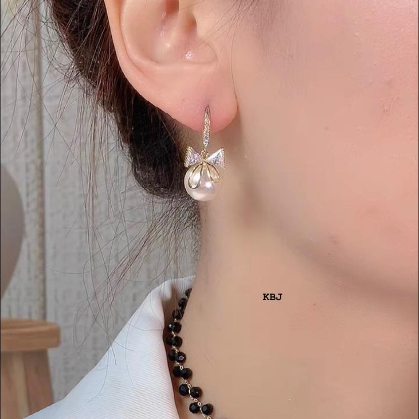 Bông tai bạc hình nơ gắn trai chất liệu bạc s925 MS75a