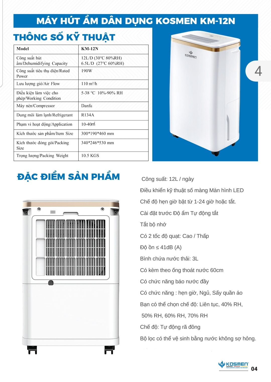 Máy Hút Ẩm  Lọc Không Khí -2 Trong 1 - KOSMEN KM-12N - 12 Lít/ Ngày - Công suất 190W - Diện tích 10-40m2 - Hàng Chính Hãng