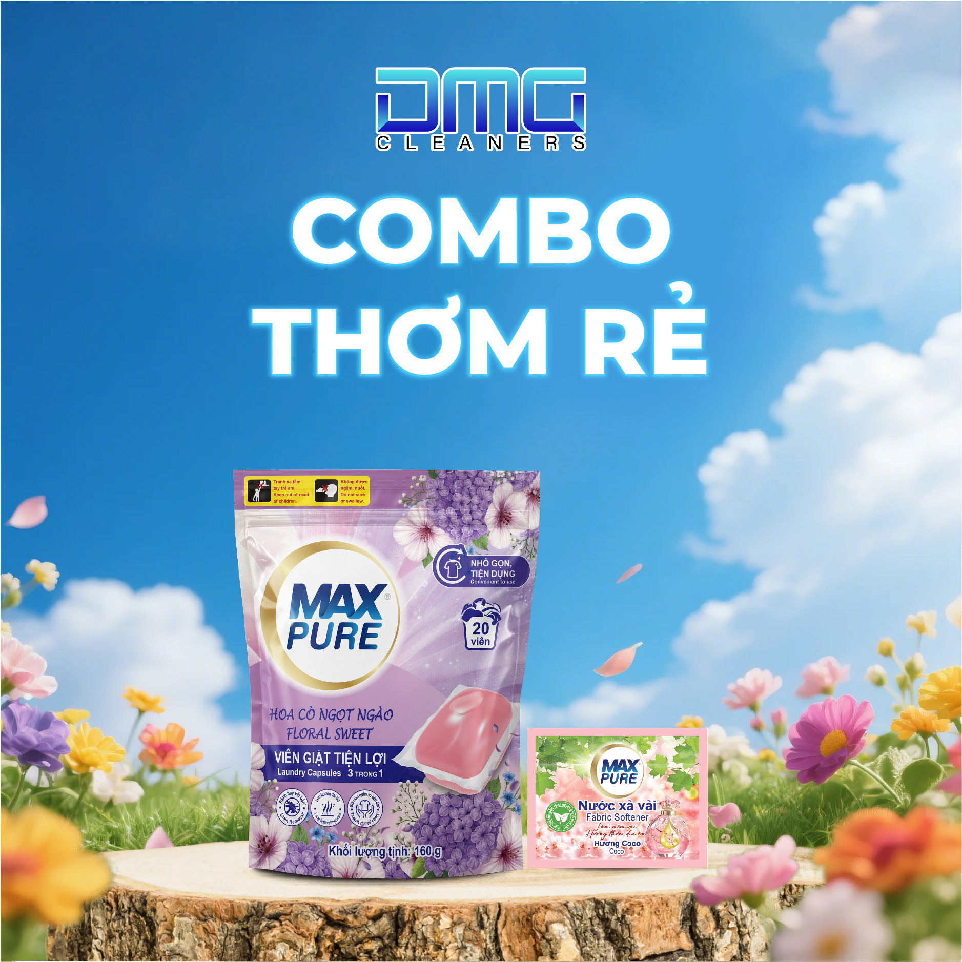 Combo Thơm Rẻ: 1 Túi Viên Giặt Hương Hoa Cỏ Ngọt Ngào 20v+ 1 Dây Nước Xả Hương Coco