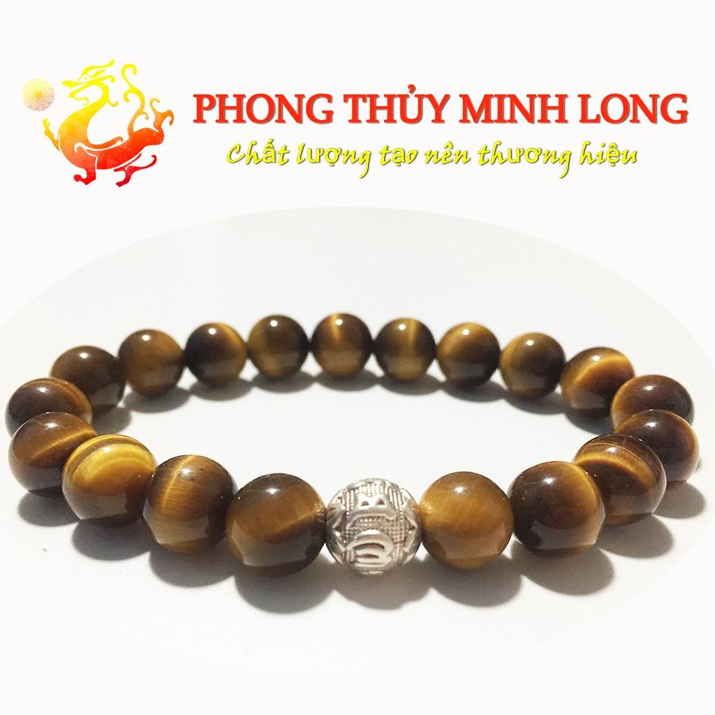 Vòng tay đá mắt hổ Vàng Nâu 5A mix 1 hạt kim tiền Bạc hợp mệnh Kim và Thổ