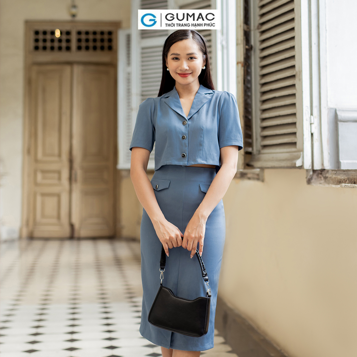 Set lẻ Áo lửng cổ danton thời trang GUMAC AD07007 - Chân váy bút chì nắp túi thời trang GUMAC VD07008
