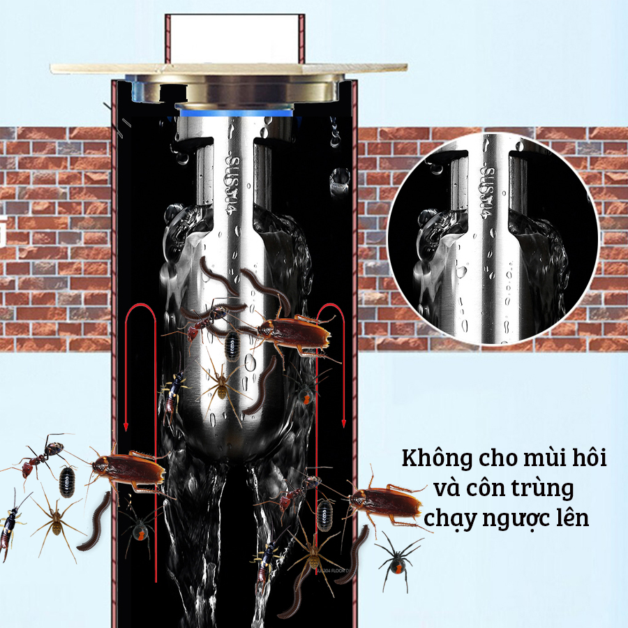 Phễu ga thoát sàn ngăn mùi, vi khuẩn, côn trùng trào ngược lên INOX SUS 304 có lỗ thoát nước thải máy giặt, tròn, MIHOCO 182