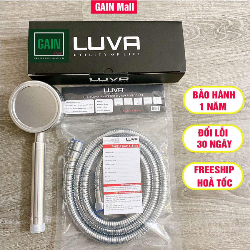 Combo vòi hoa sen tăng áp Luva VS4 kèm dây sen Luva, inox 304, lõi đồng, dài 1.5m, BH 1 năm đổi lỗi 30 ngày