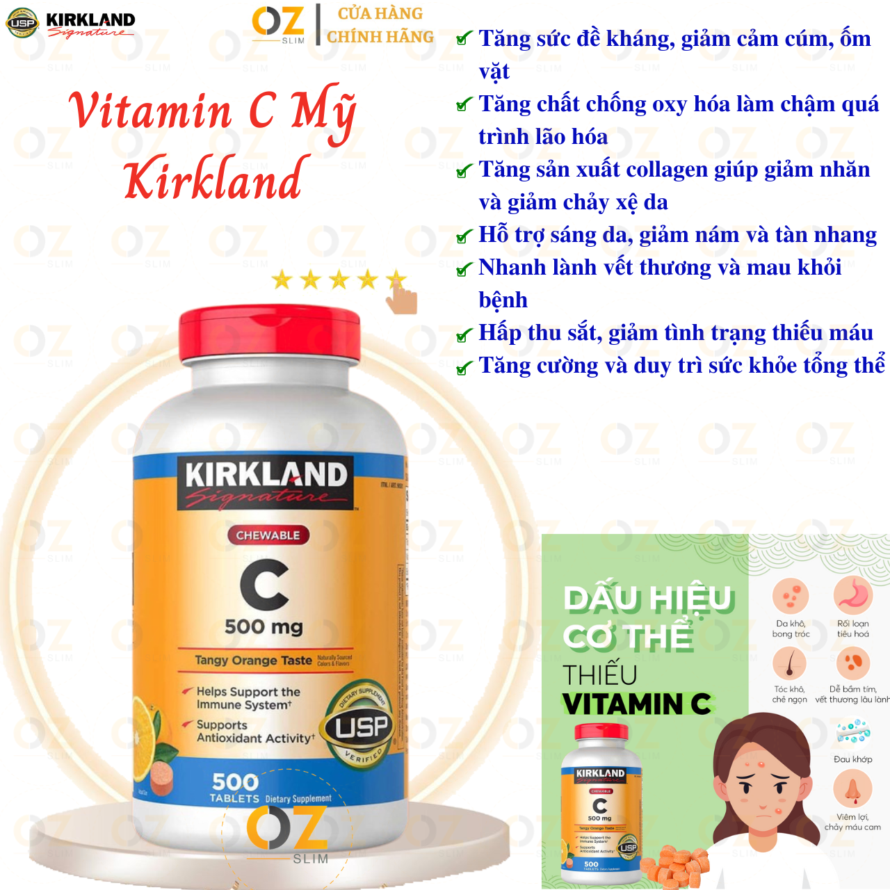 Vitamin C Kirkland Signature Mỹ tăng sức đề kháng, sáng da, mờ thâm, làm chậm quá trình lão hóa, nhanh lành vết thương (bệnh) - OZ Slim Store