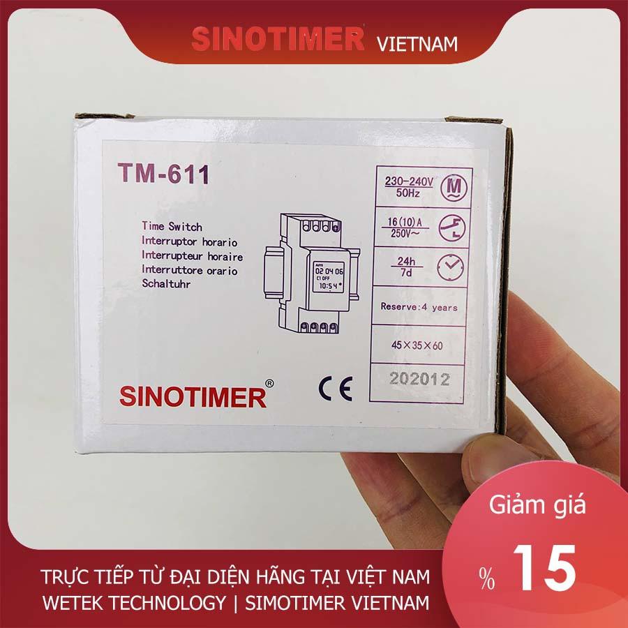 Timer 24h 7 ngày Sinotimer TM 611, 16A, cài theo 1 phút, 58 chương trình on off mỗi ngày, hàng loại công nghiệp