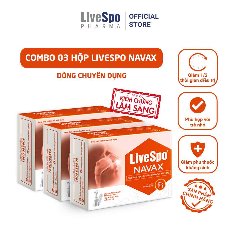 COMBO3 Nước muối sinh lý chứa bào tử lợi khuẩn LiveSpo Navax chuyên dụng Hộp 4 ống x 5ml