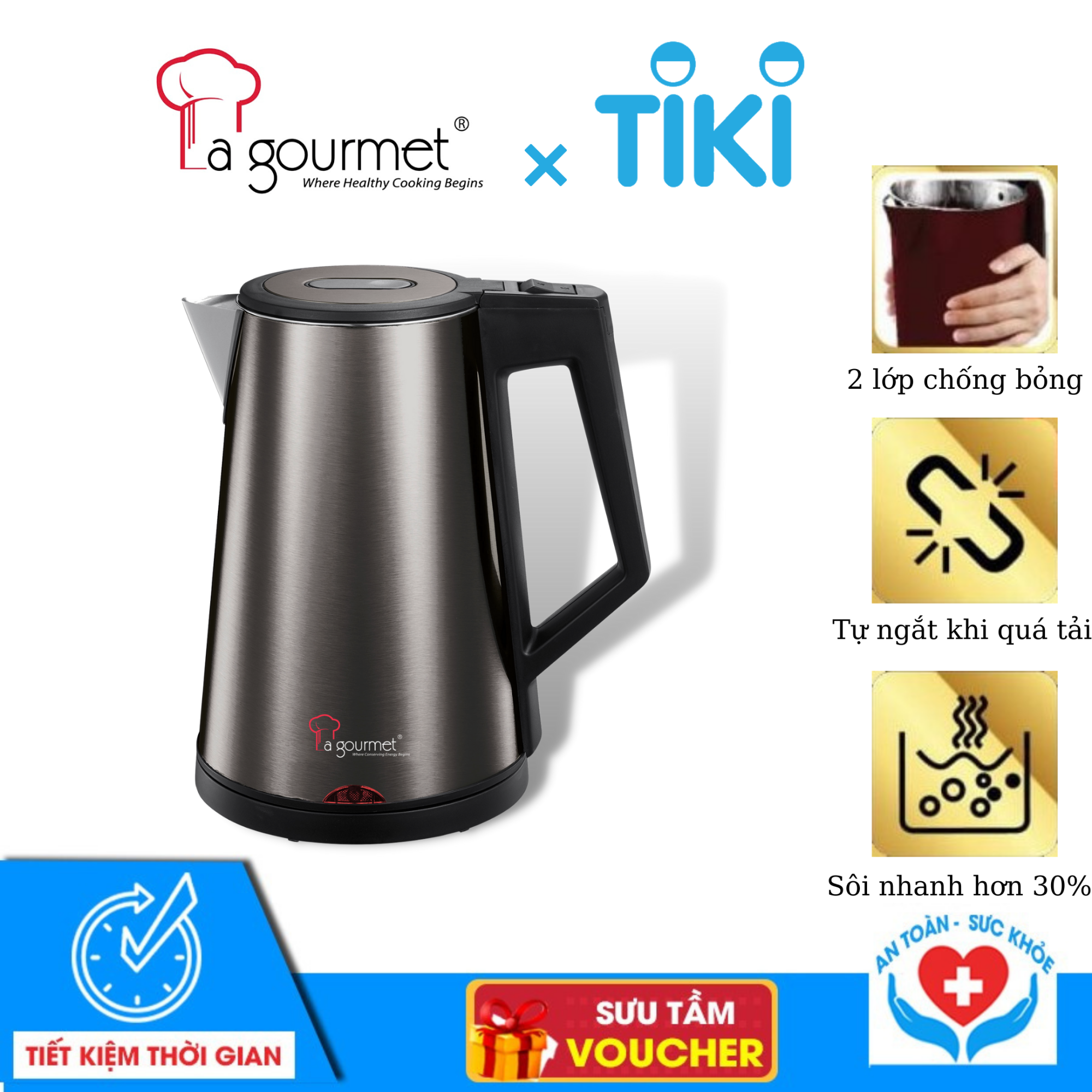 Ấm siêu tốc không vi nhựa La gourmet 1,7L - 359636 (2 lớp chống bỏng, bảo hành 1 năm)