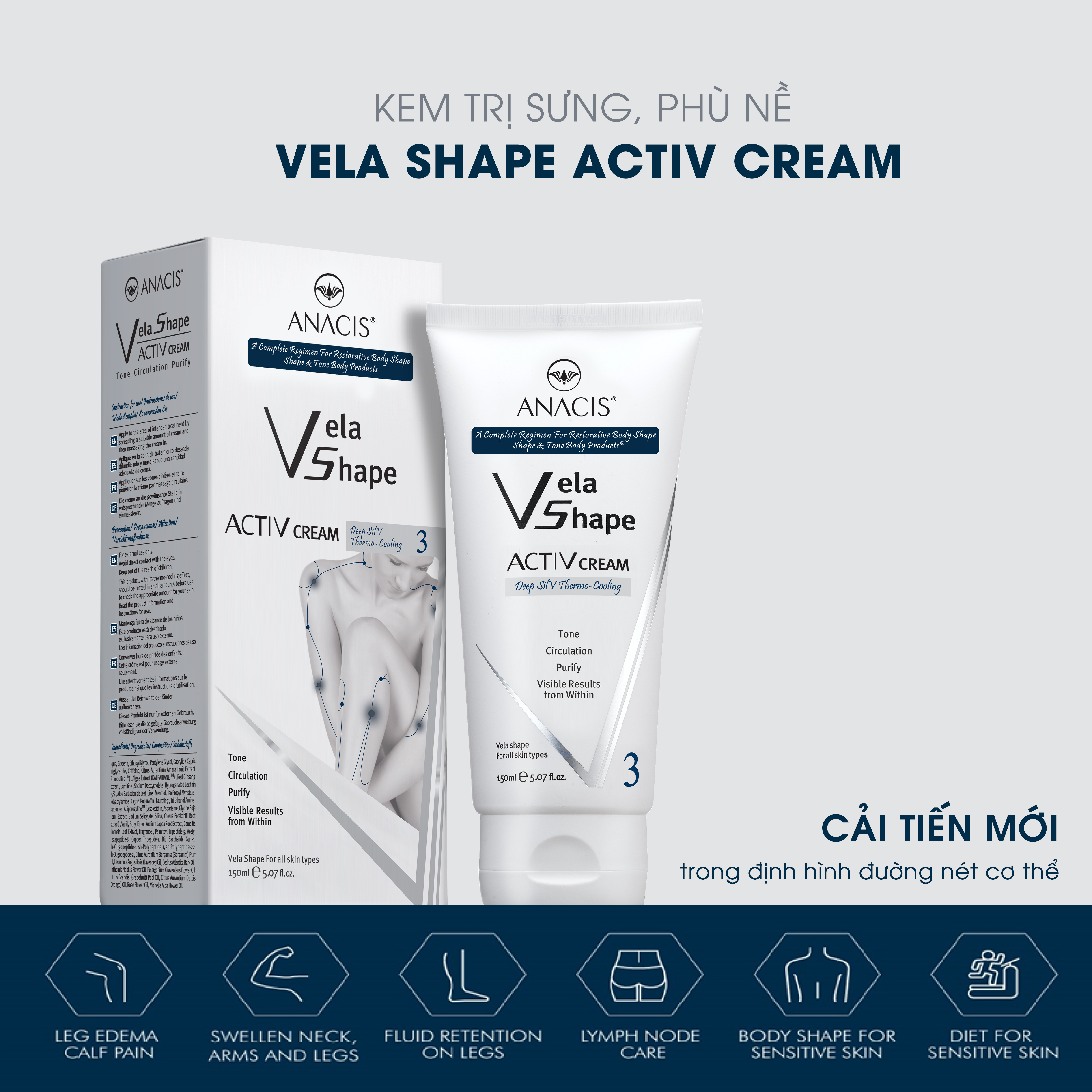 Kem giảm phù nề, tích trữ nước cơ thể Vela Shape Activ Cream thương hiệu Anacis 150ml