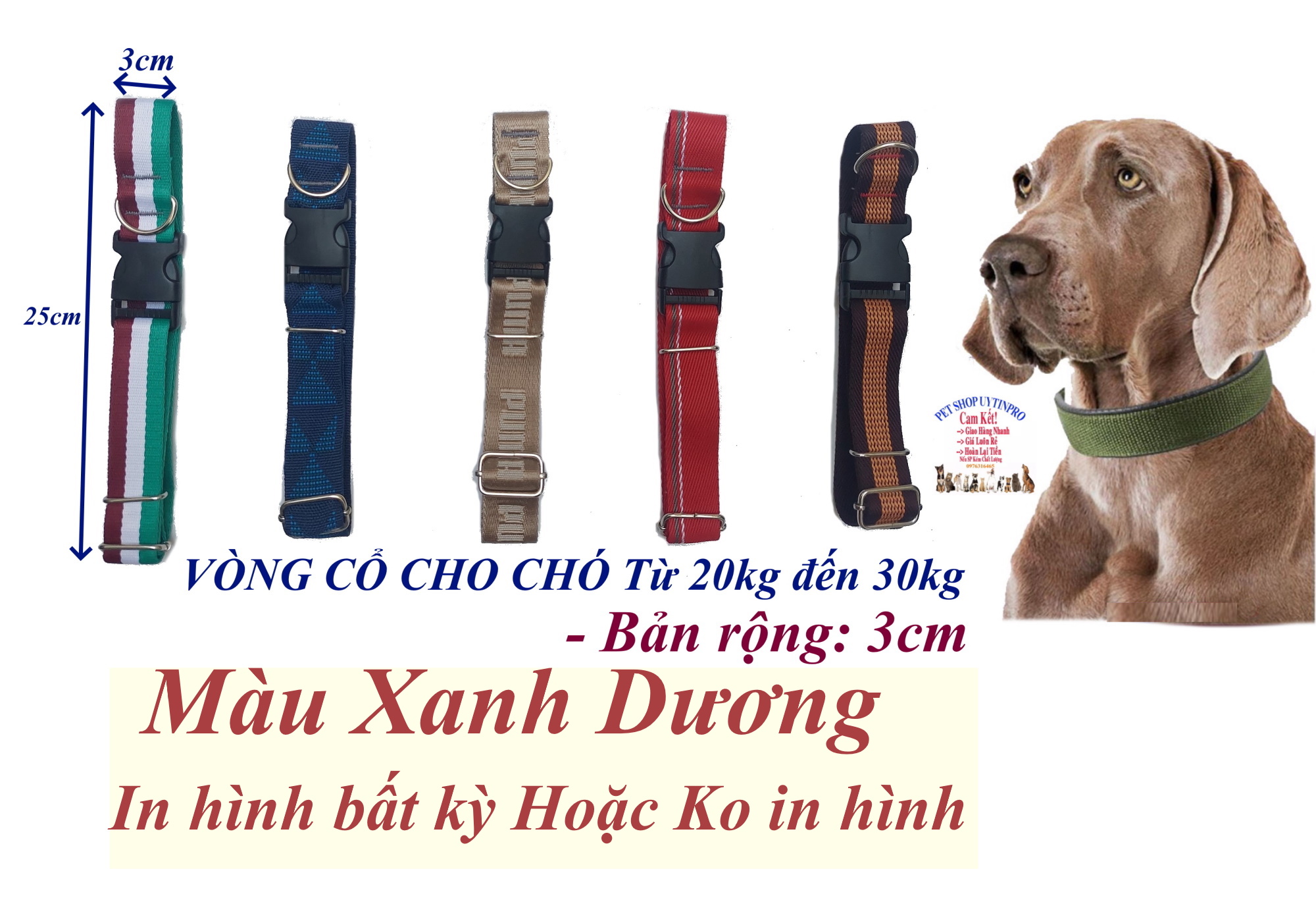 Vòng cổ cho Chó từ 20kg đến 30kg Bản rộng 3cm Chất liệu dù cao cấp, Dày, Chắc chắn, An toàn cho thú cưng