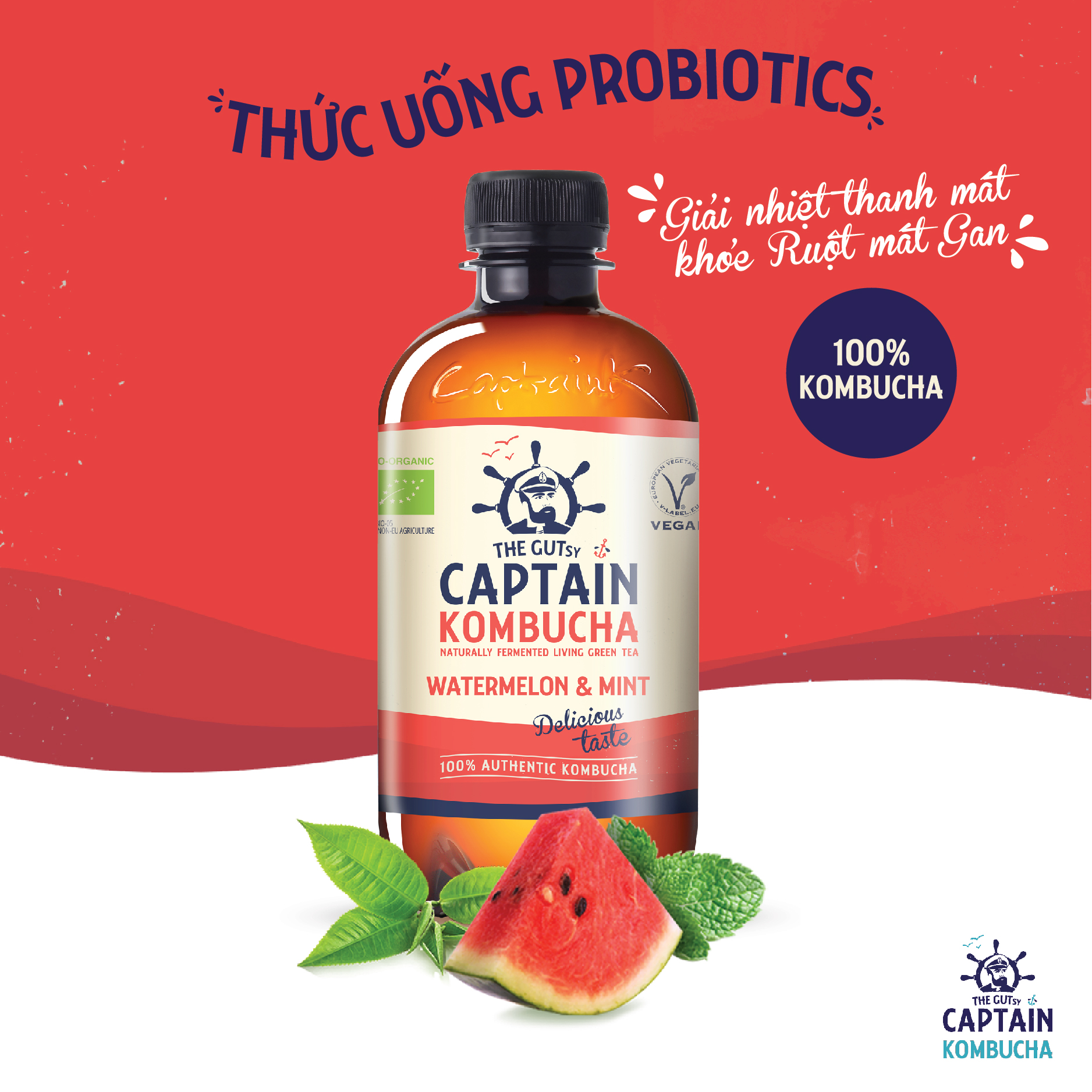 Trà Kombucha hữu cơ vị dưa hấu bạc hà Captain Kombucha 400ml