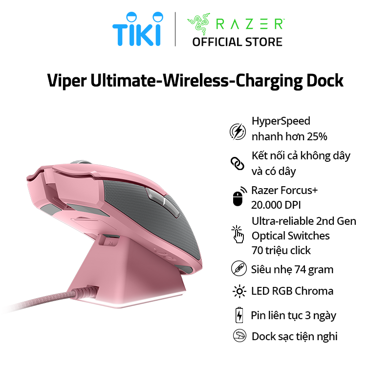 Chuột Chơi Game Razer Viper Ultimate with Charging Dock - Quartz - Hàng Chính Hãng