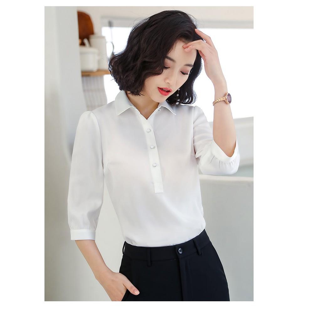 Áo sơ mi nữ công sở cổ sơ mi 5 khuy ngực, chất phi lụa mềm mát, thời trang trẻ, phong cách Hàn Quốc