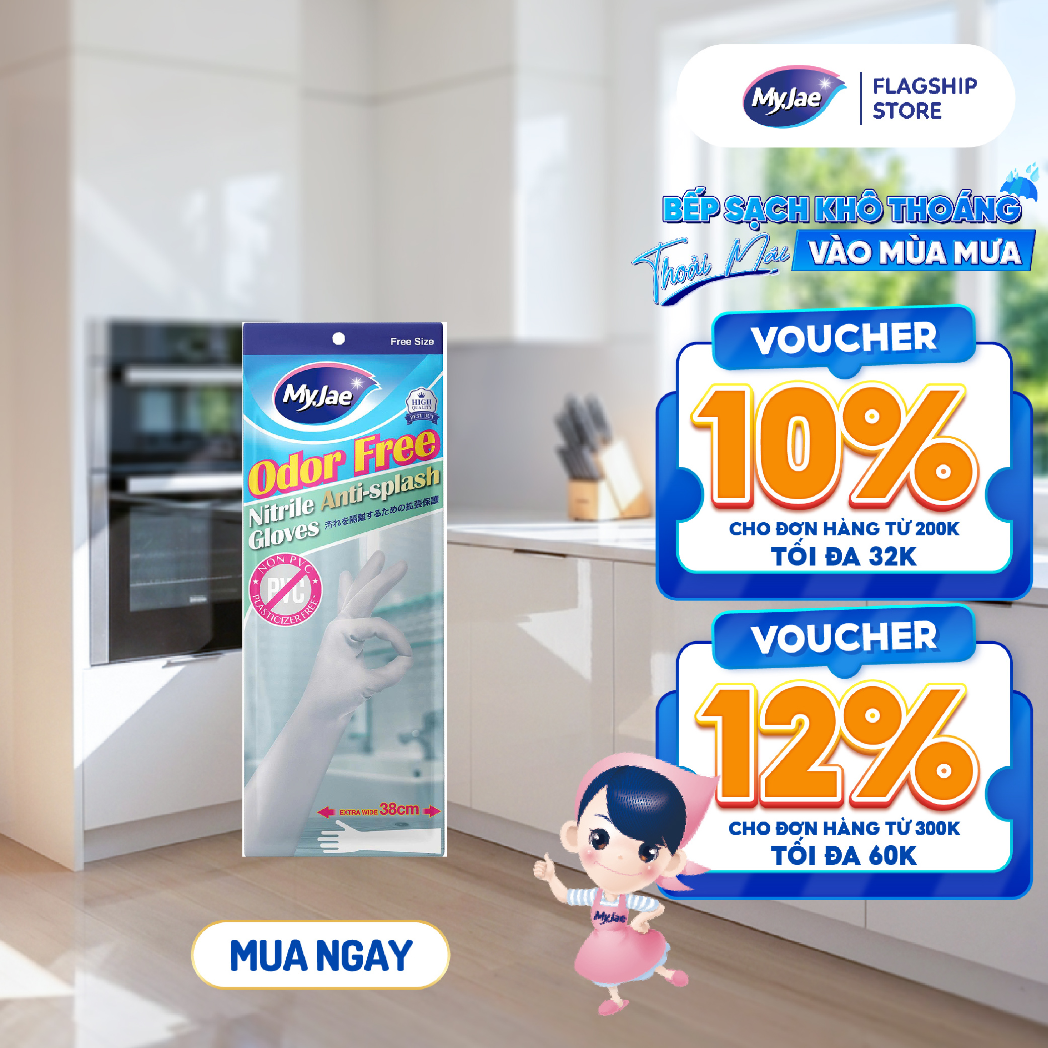 Găng tay dáng dài Nitrile không mùi MyJae rửa chén, bát, dọn dẹp nhà cửa 38CM