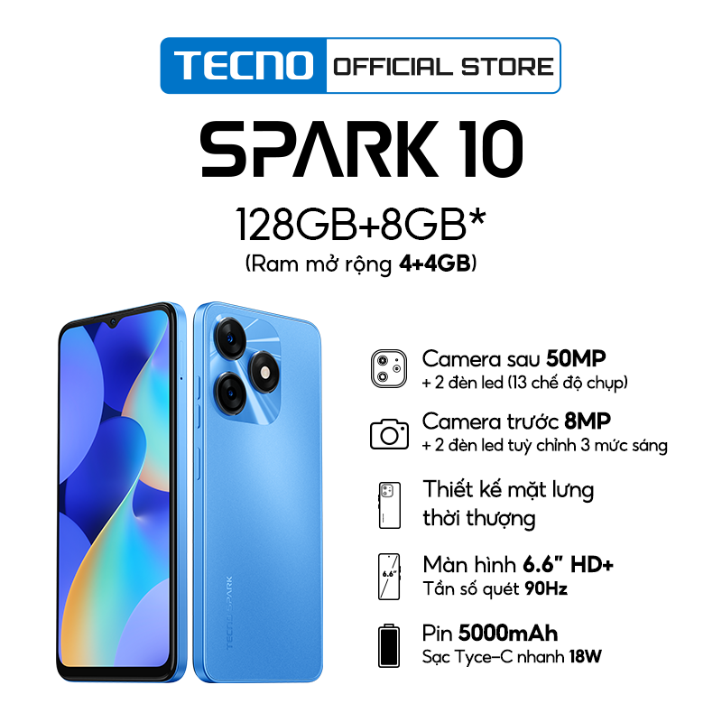 Điện thoại Tecno SPARK 10 4GB/128GB - Camera 50MP | 5000 mAh | Sạc nhanh 18W | Cảm ứng vân tay - Hàng chính hãng